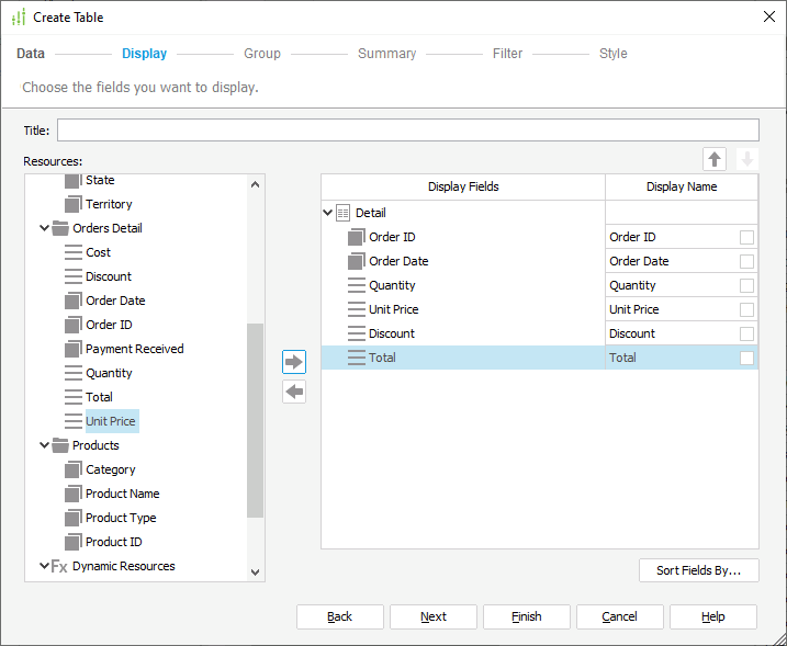 Table Display Fields