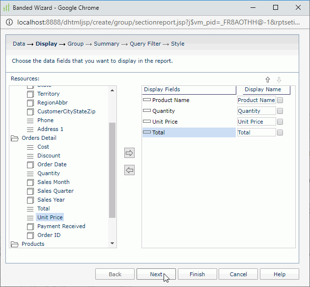 Add Banded Display Fields