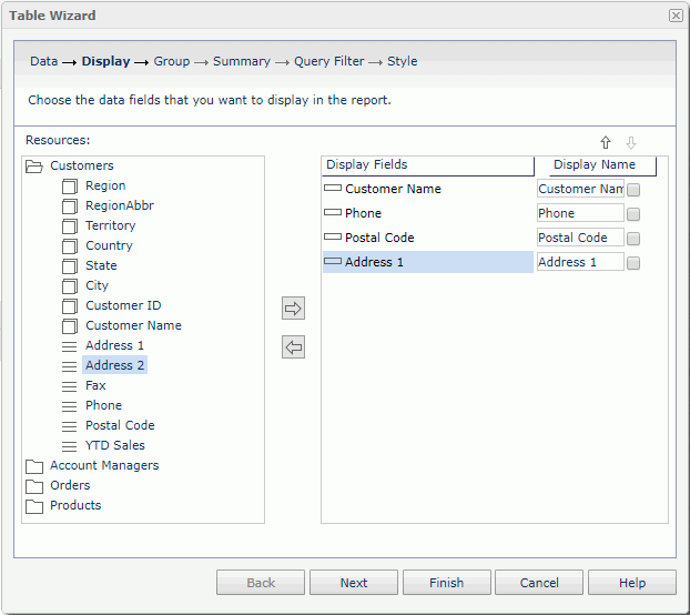 Add Table Display Fields