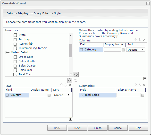 Add Crosstab Display Fields