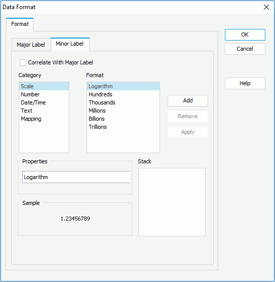 Data Format dialog - Minor Label tab