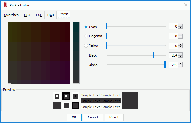 Pick a Color dialog - CMYK tab
