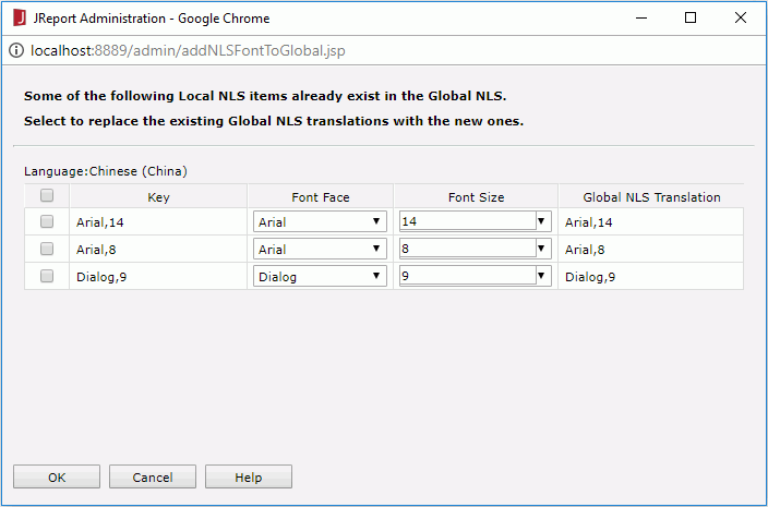Add to Global NLS dialog - Font