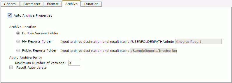 Advanced Run dialog - Archive tab