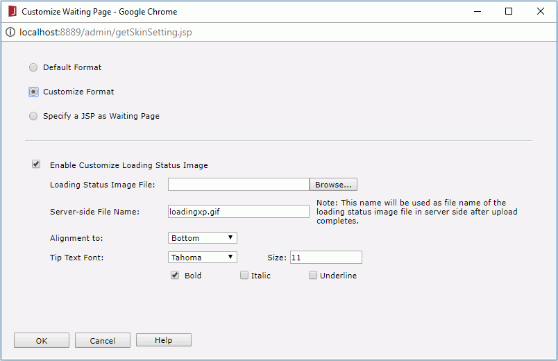 Customize Waiting Page dialog