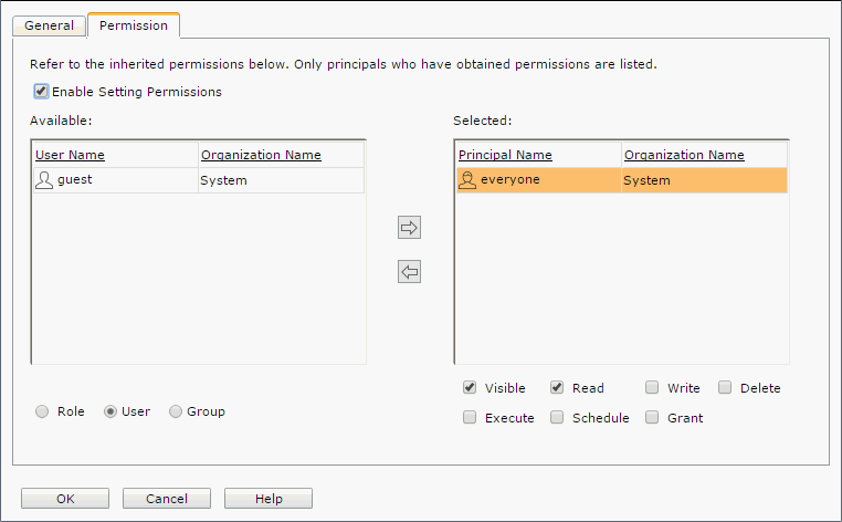Catalog Properties dialog - Permission tab