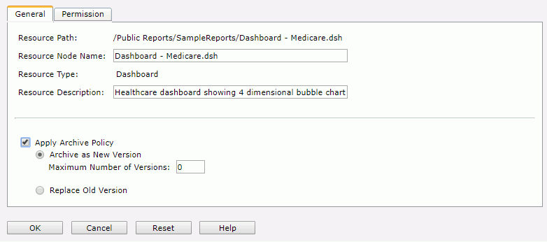Dashboard Properties dialog - General tab
