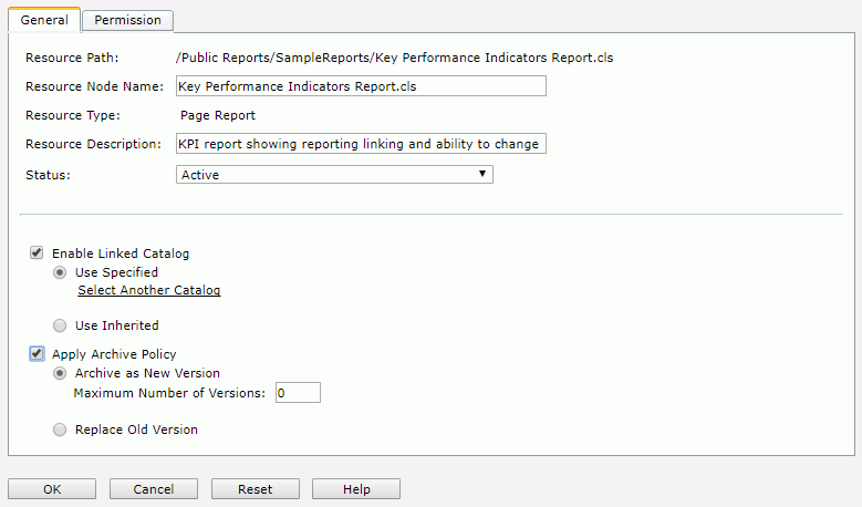 Report Properties dialog - General tab