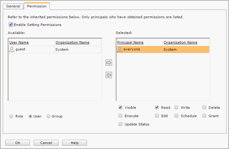 Report Properties dialog - Permission tab