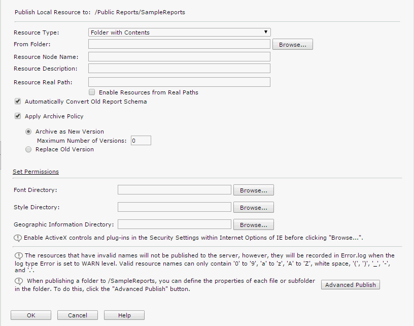 Publish to Local Server dialog