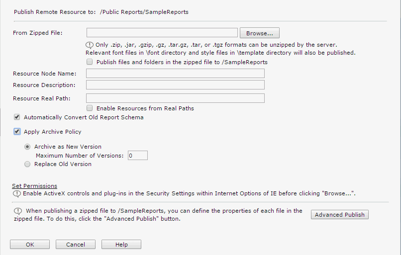Publish to Remote Server dialog