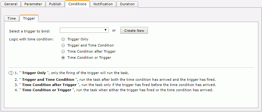 Schedule dialog - Conditions tab - Trigger