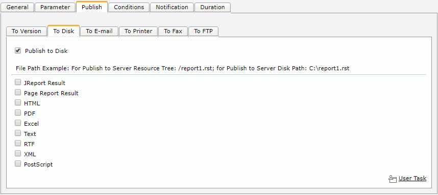 Schedule dialog - Publish tab - To Disk