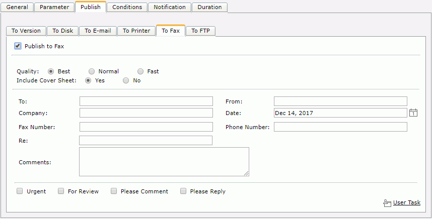 Schedule dialog - Publish tab - To Fax