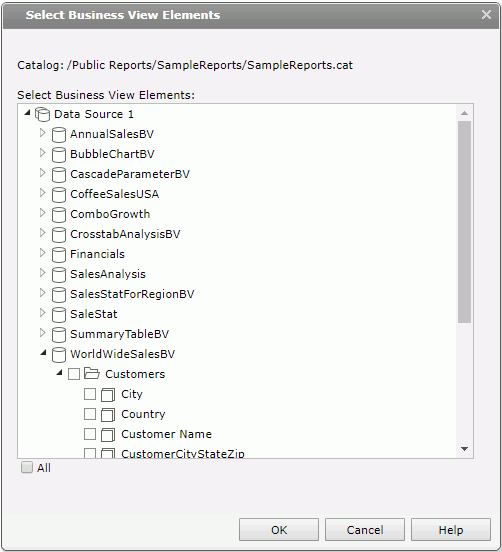 Select Business View Elements dialog