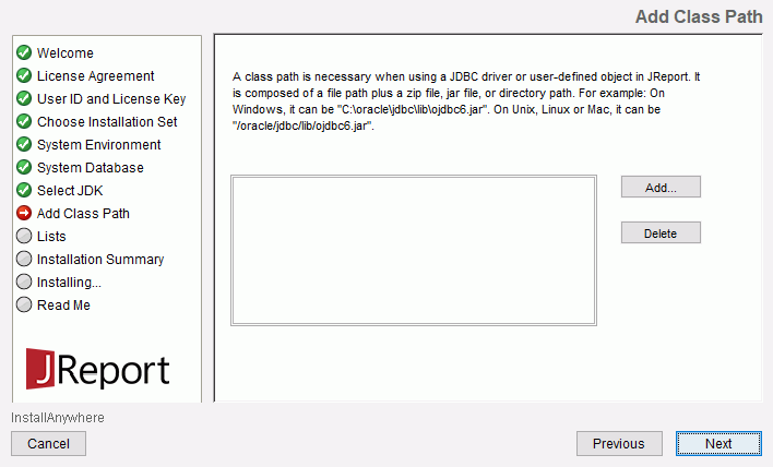 JReport Server Installation wizard - Add Class Path screen