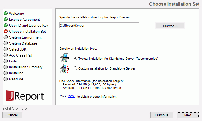 JReport Server Installation wizard - Choose Installation Set screen