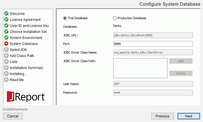JReport Server Installation wizard - System Database screen