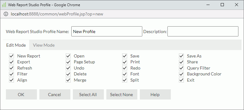 Web Report Studio Profile dialog